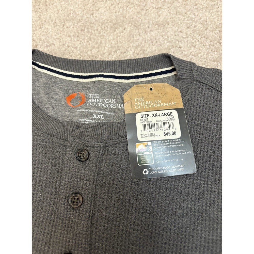 New The American Outdoorsman Heather Gray Longsleeve Henley Thermal Shirt XXL - Picture 2 of 5